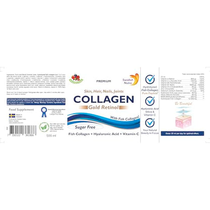 Swedish Nutra | Collagen Gold Retinol | Hydolyzed 12500mg Marine Collagen