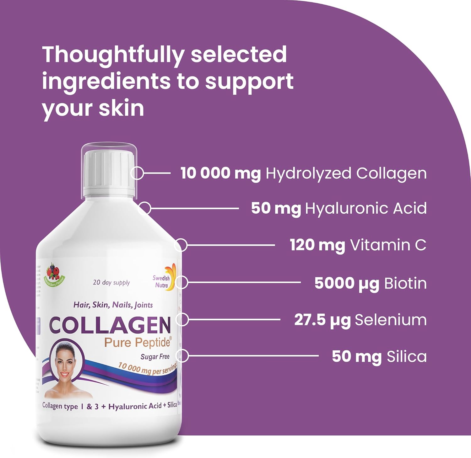 Swedish Nutra | Liquid Bovine Collagen | Pack of 500ml, 20 Day Supply | Sugar Free Berry Flavour