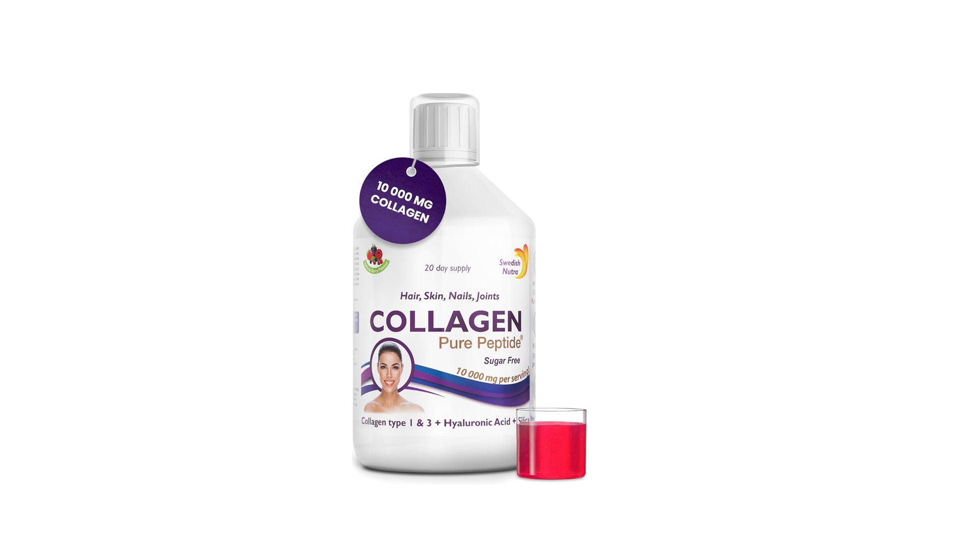 Swedish Nutra | Liquid Bovine Collagen | Pack of 500ml, 20 Day Supply | Sugar Free Berry Flavour